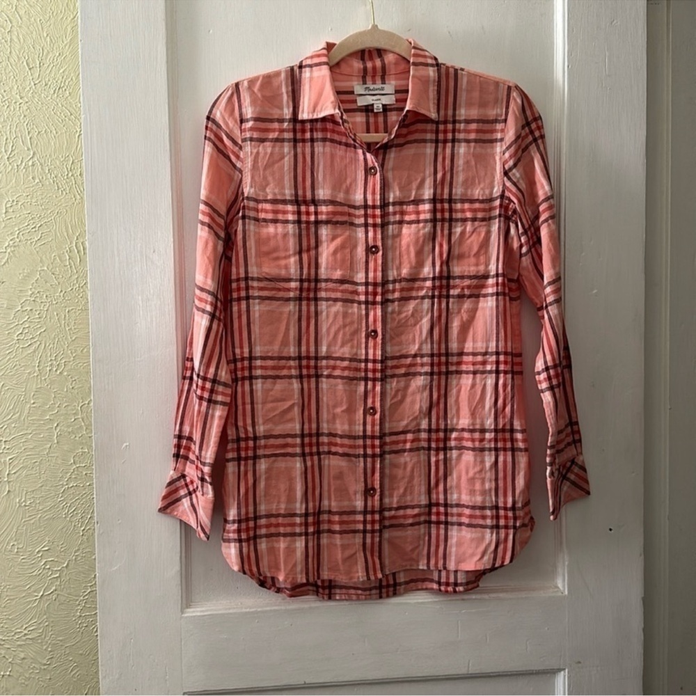 Madewell Boho Lightweight Pink Plaid Button Down Long Sleeve Top